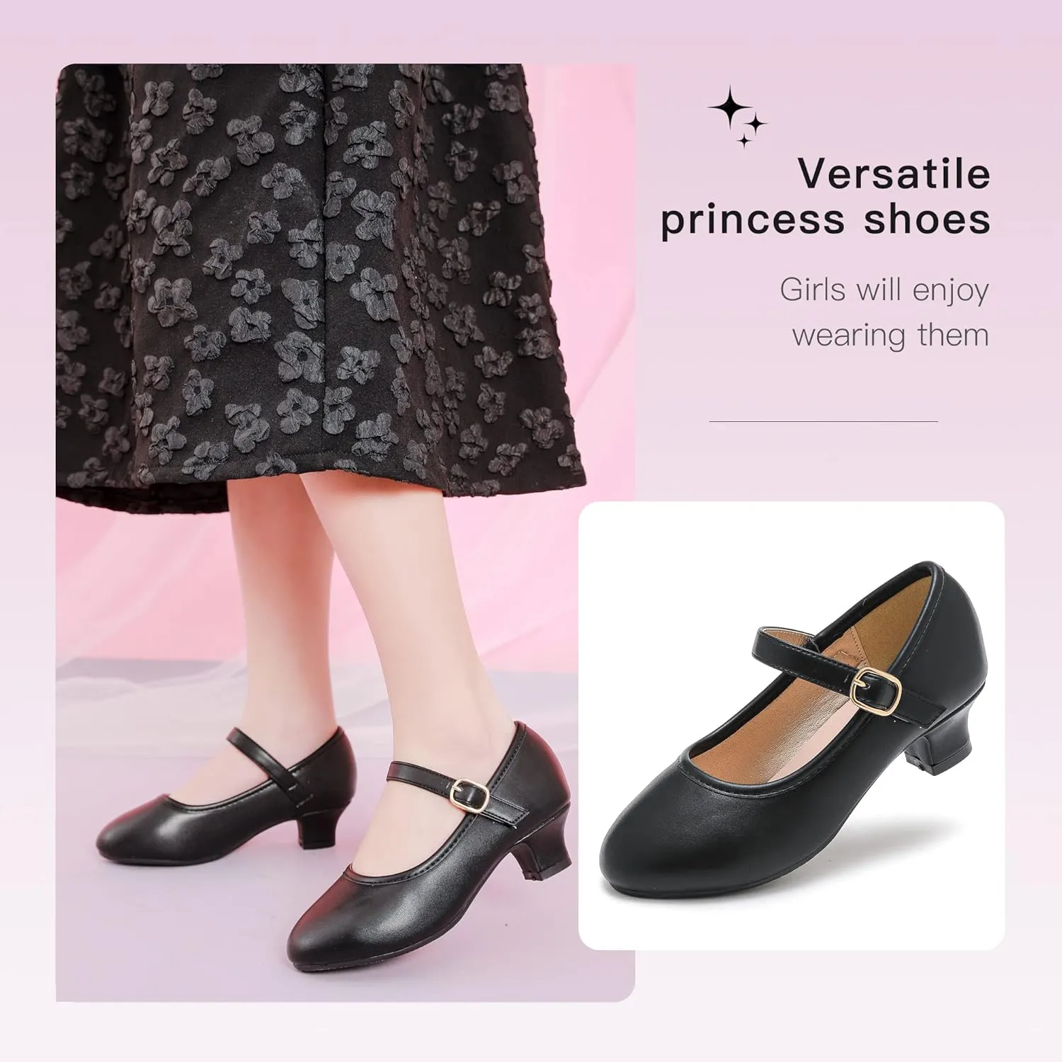 Dufannie Girls Dress Shoes Low Heel Princess Flats Mary Jane Flower Wedding Party Glitter Shoes for Kids Toddler