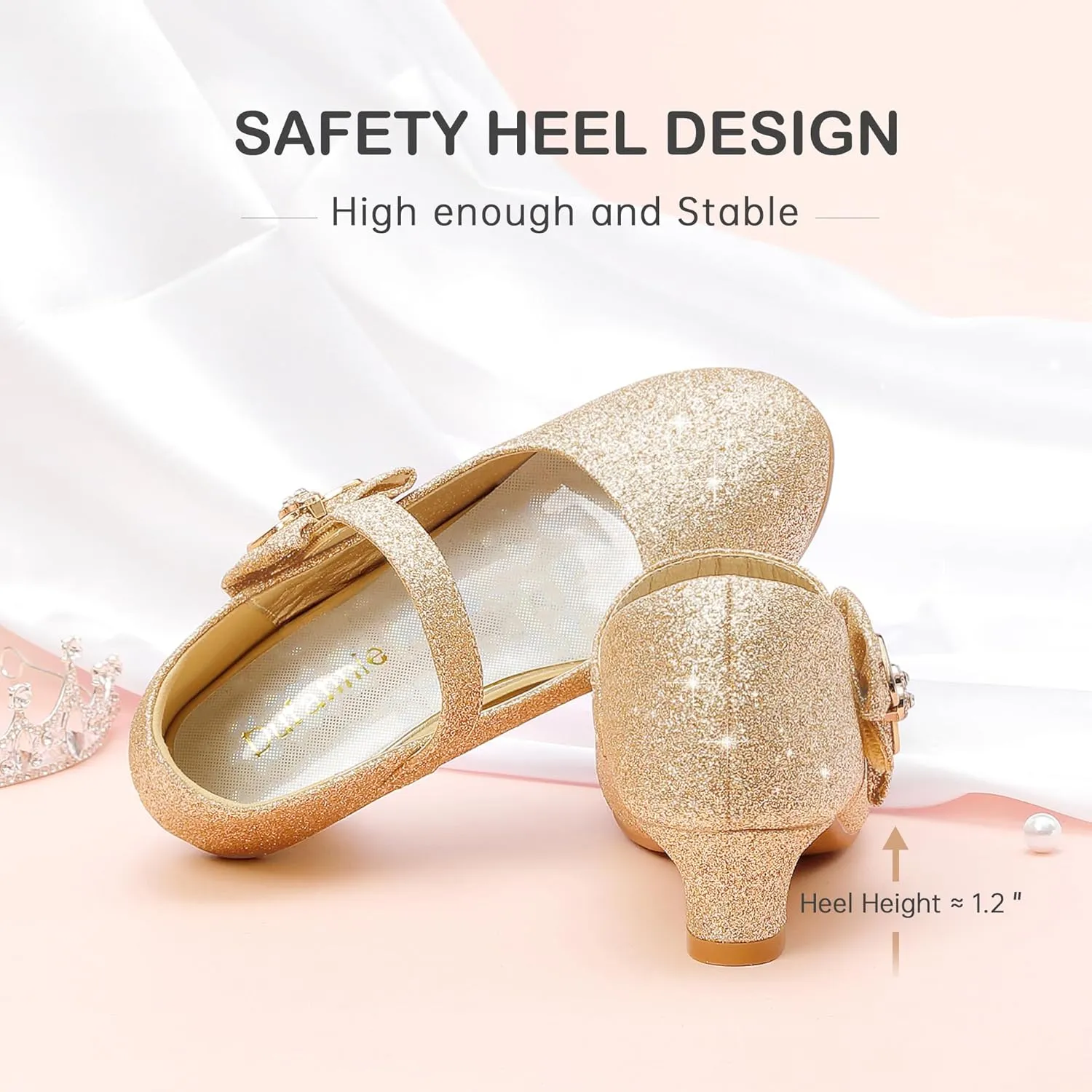 Dufannie Girls Dress Shoes Low Heel Princess Flats Mary Jane Flower Wedding Party Glitter Shoes for Kids Toddler