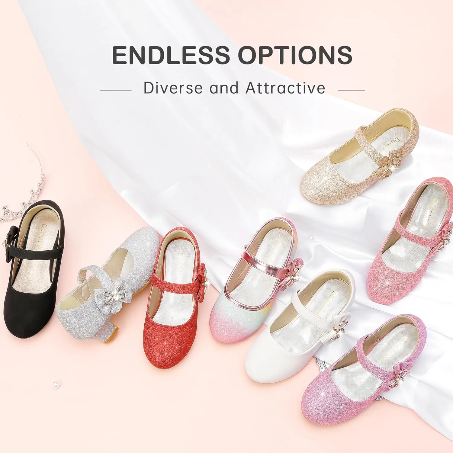 Dufannie Girls Dress Shoes Low Heel Princess Flats Mary Jane Flower Wedding Party Glitter Shoes for Kids Toddler