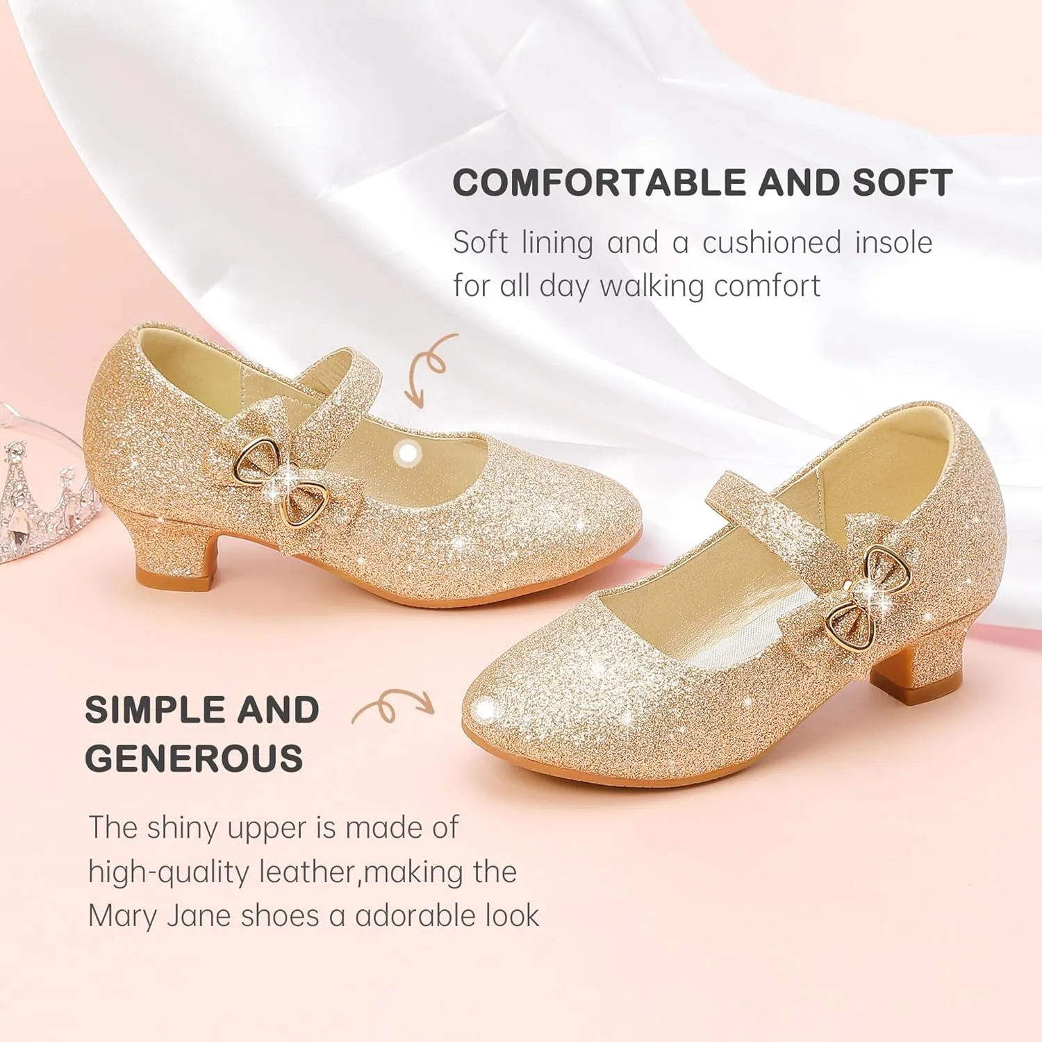 Dufannie Girls Dress Shoes Low Heel Princess Flats Mary Jane Flower Wedding Party Glitter Shoes for Kids Toddler