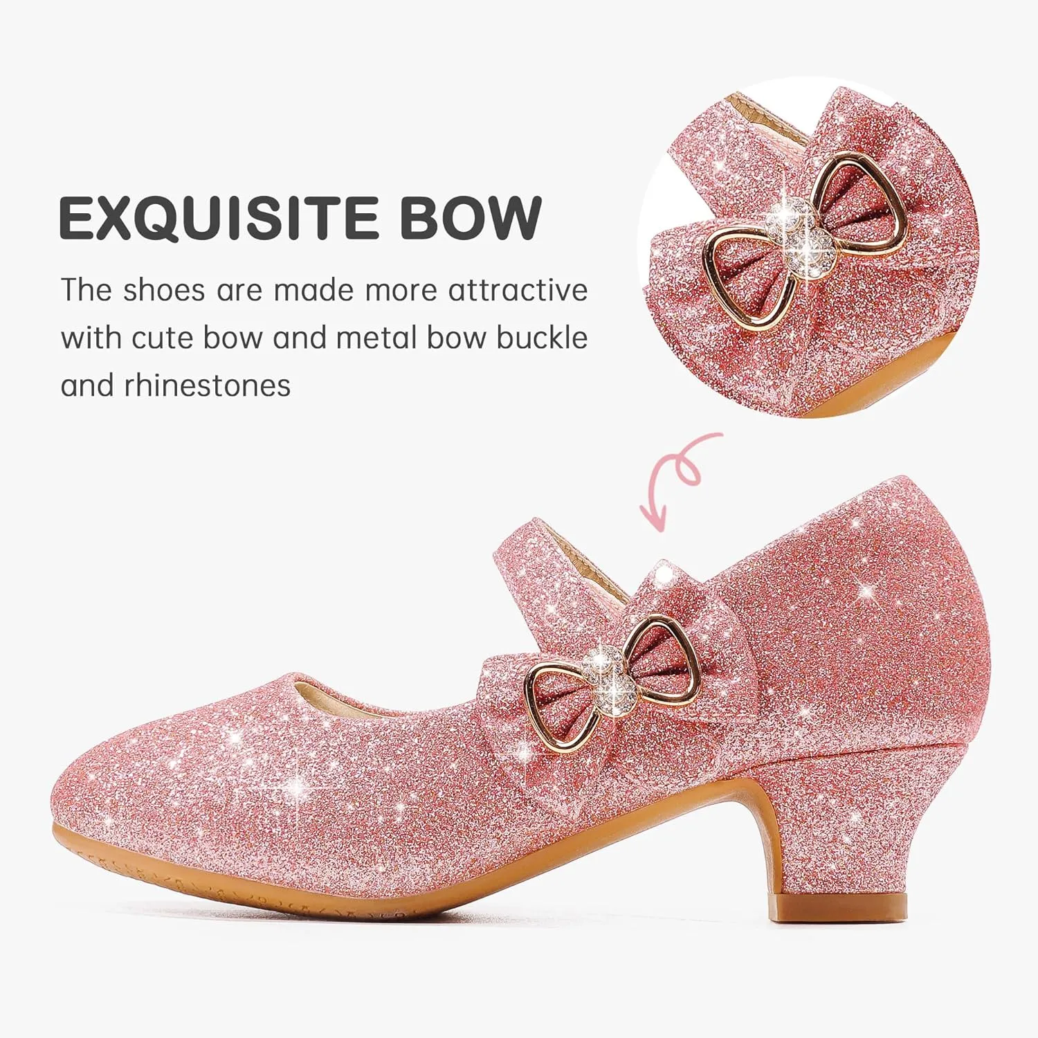 Dufannie Girls Dress Shoes Low Heel Princess Flats Mary Jane Flower Wedding Party Glitter Shoes for Kids Toddler