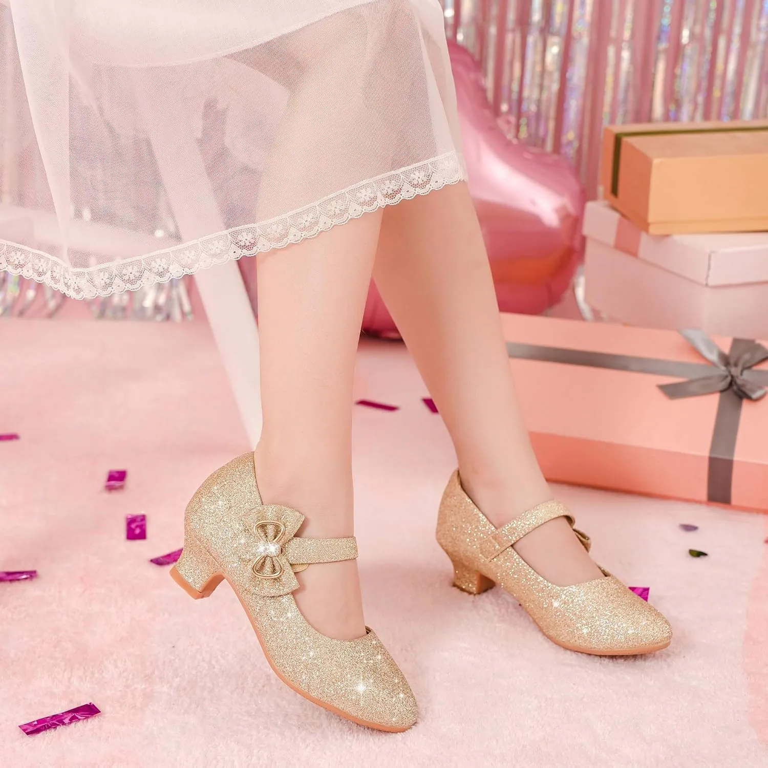 Dufannie Girls Dress Shoes Low Heel Princess Flats Mary Jane Flower Wedding Party Glitter Shoes for Kids Toddler