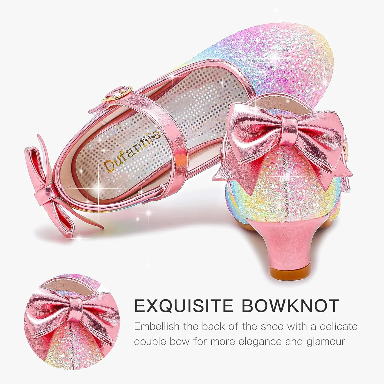 Dufannie Girls Dress Shoes Low Heel Princess Flats Mary Jane Flower Wedding Party Glitter Shoes for Kids Toddler