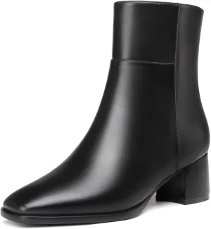 Eldof Low Block Heel Ankle Boots Women's Square Toe Chunky Heel Short Boots Side Zipper Heeled Chelsea Boots