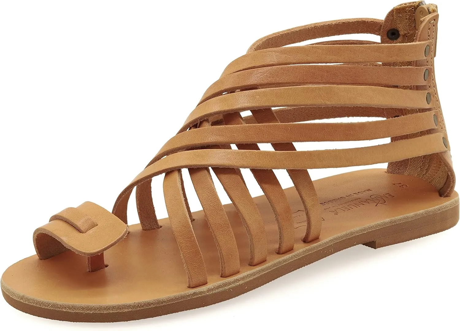 Emmanuela Greek Leather Gladiator Sandals with Zipper Shafts, Quality Handmade Summer Shoes, Toe Ring Flat sandals Boho Chic Sandals