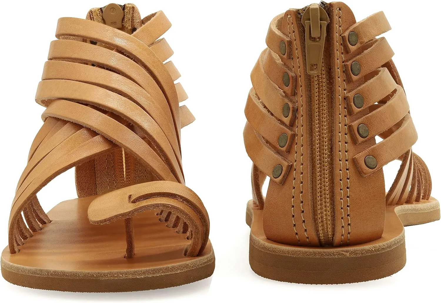 Emmanuela Greek Leather Gladiator Sandals with Zipper Shafts, Quality Handmade Summer Shoes, Toe Ring Flat sandals Boho Chic Sandals