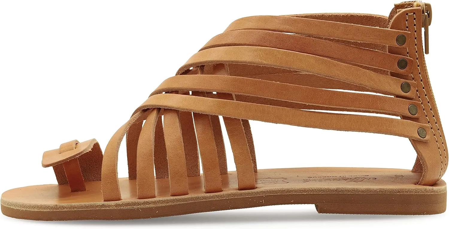 Emmanuela Greek Leather Gladiator Sandals with Zipper Shafts, Quality Handmade Summer Shoes, Toe Ring Flat sandals Boho Chic Sandals
