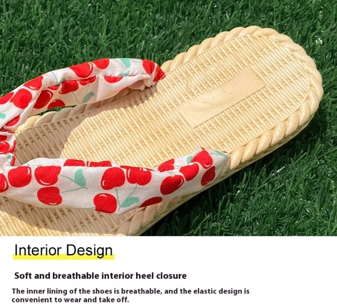 Espadrilles Flip Flop Cute Fruits Cherry Slippers for Women – Lightweight Cute Flat Water Sandals, Non-Slip Open Toe Thong, Dressy Chunky Summer Vacation Shoes for Beach Pool Spa