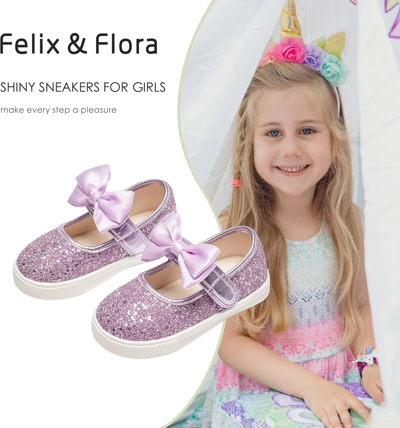 Felix & Flora Toddler/Little Kid Girls Running Shoes Glitter Sneakers Princess Fashion Casual Sports Shoes