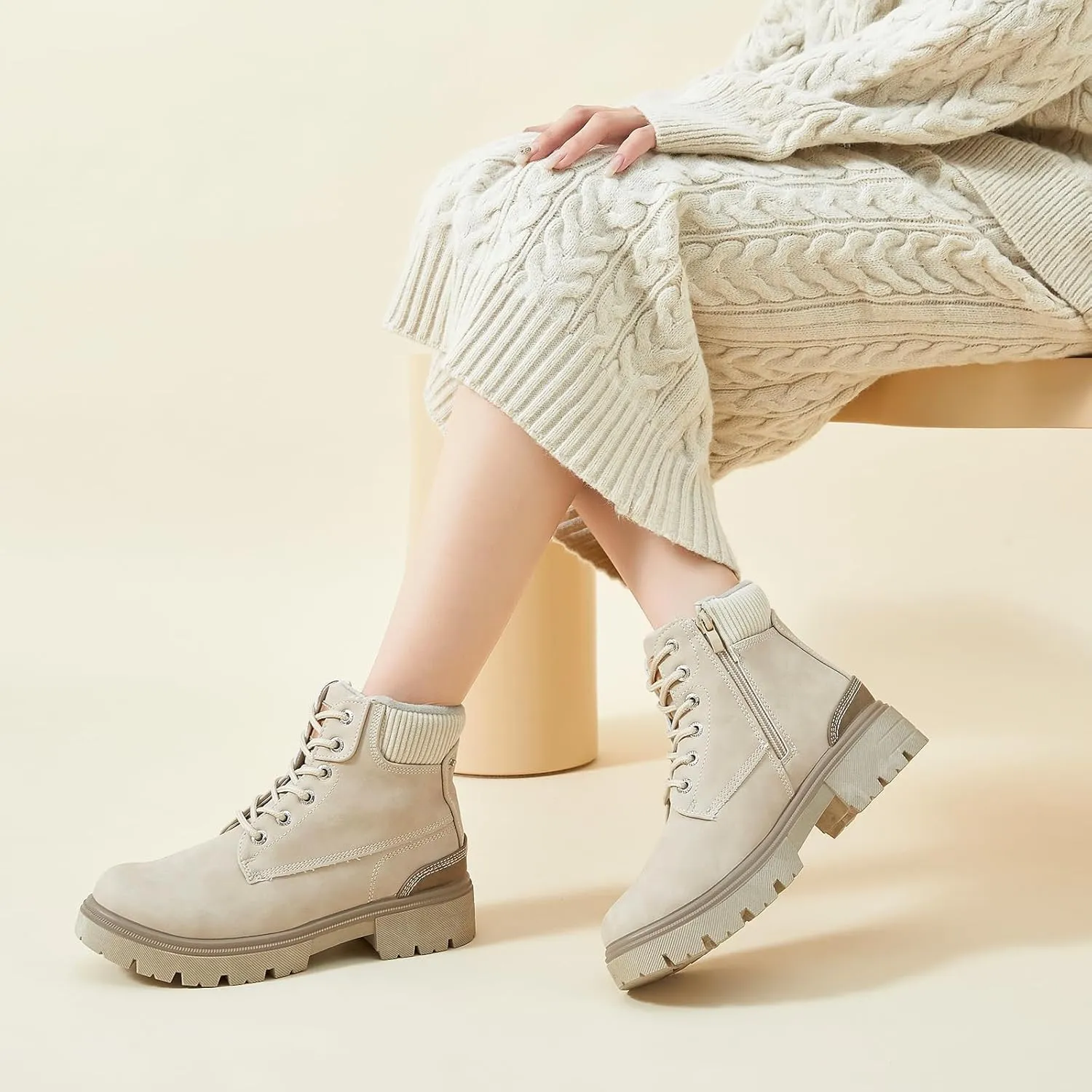 FINIWOR Ankle Boots for Women Hiking Boot Women Combat Boots Lace Up Womens Snow Boots Waterproof Fur Winter Boots Black Boots.