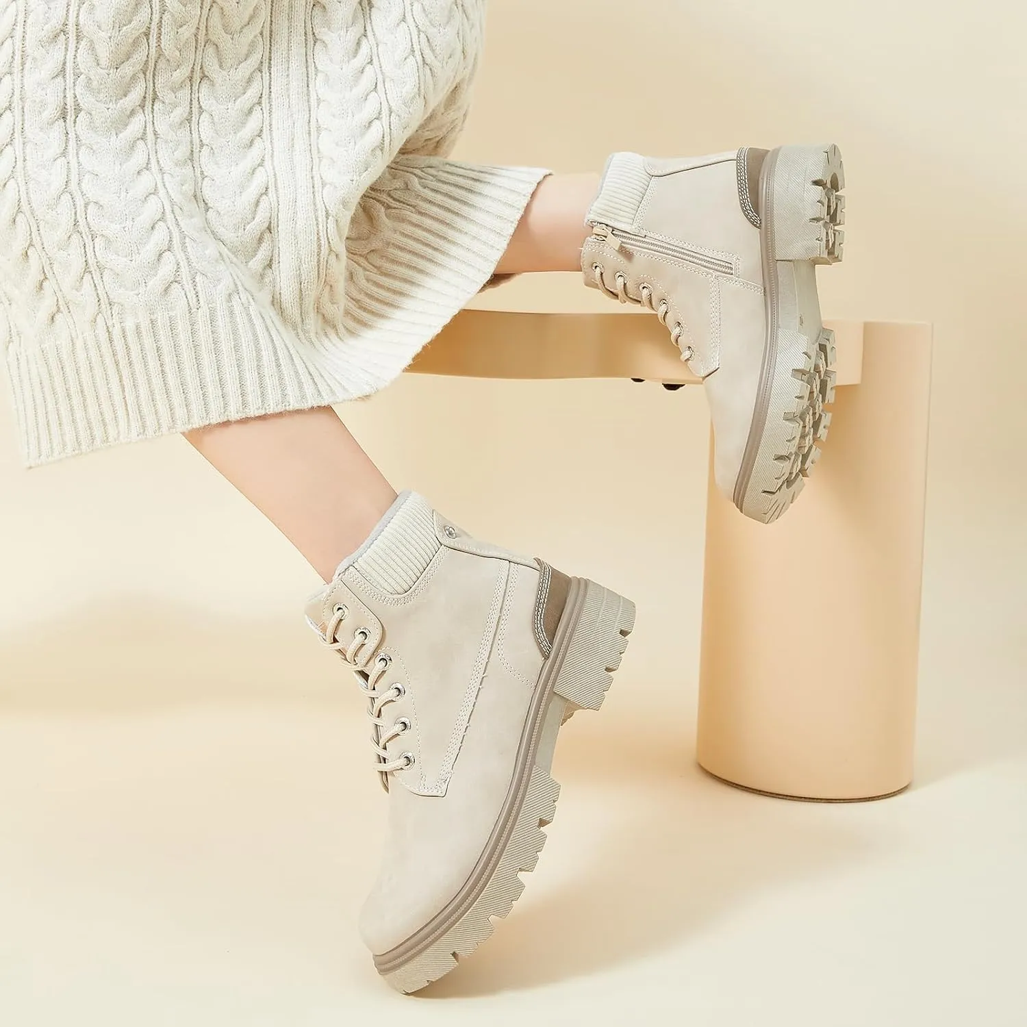 FINIWOR Ankle Boots for Women Hiking Boot Women Combat Boots Lace Up Womens Snow Boots Waterproof Fur Winter Boots Black Boots.