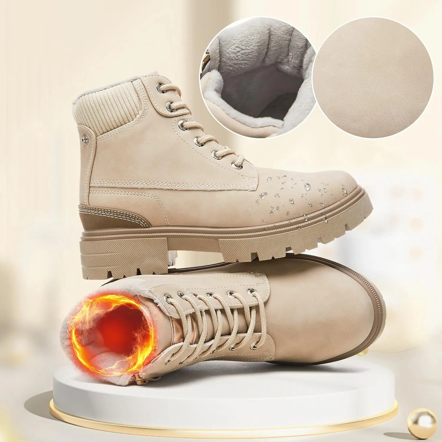 FINIWOR Ankle Boots for Women Hiking Boot Women Combat Boots Lace Up Womens Snow Boots Waterproof Fur Winter Boots Black Boots.