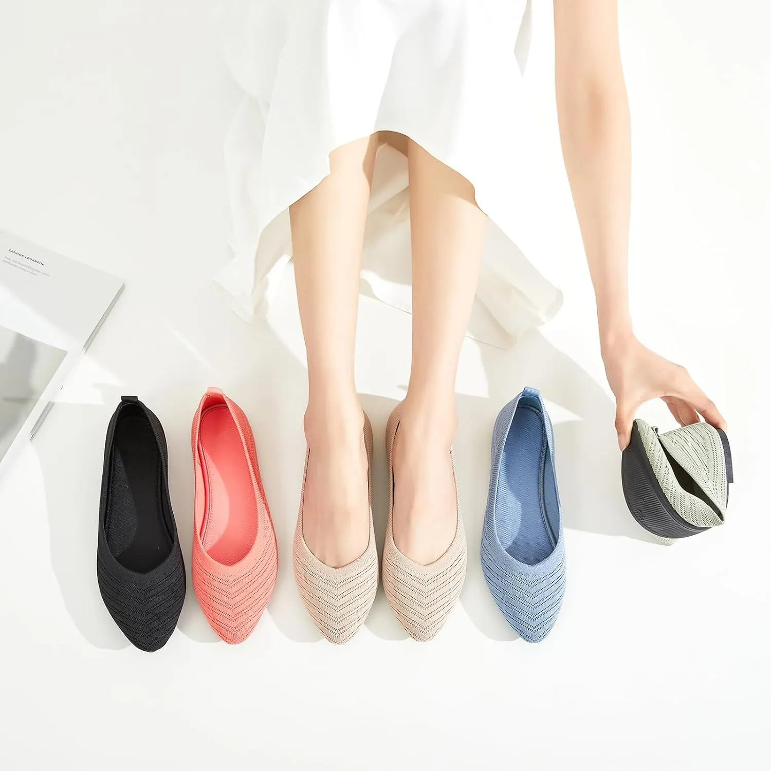 Flats for Women Black Dress Shoes Comfortable Ballet Flats Casual Pointed Foldable Knitted Fashionable Shoes