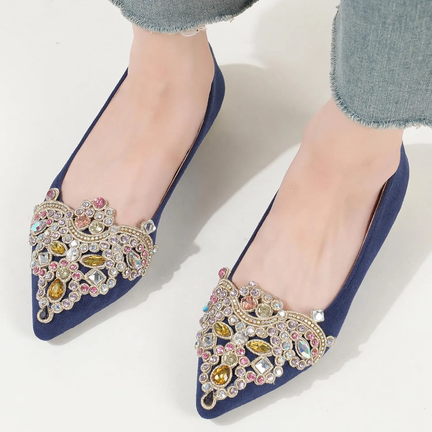 Flats for Women Bling Rhinestone Pointed Flat Shoes Comfort Slip on Low Heel Wedding Dress Shoes Ballet Flat Shoe