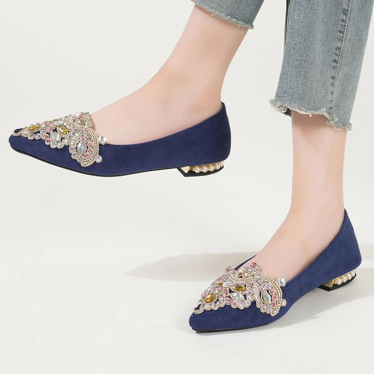 Flats for Women Bling Rhinestone Pointed Flat Shoes Comfort Slip on Low Heel Wedding Dress Shoes Ballet Flat Shoe