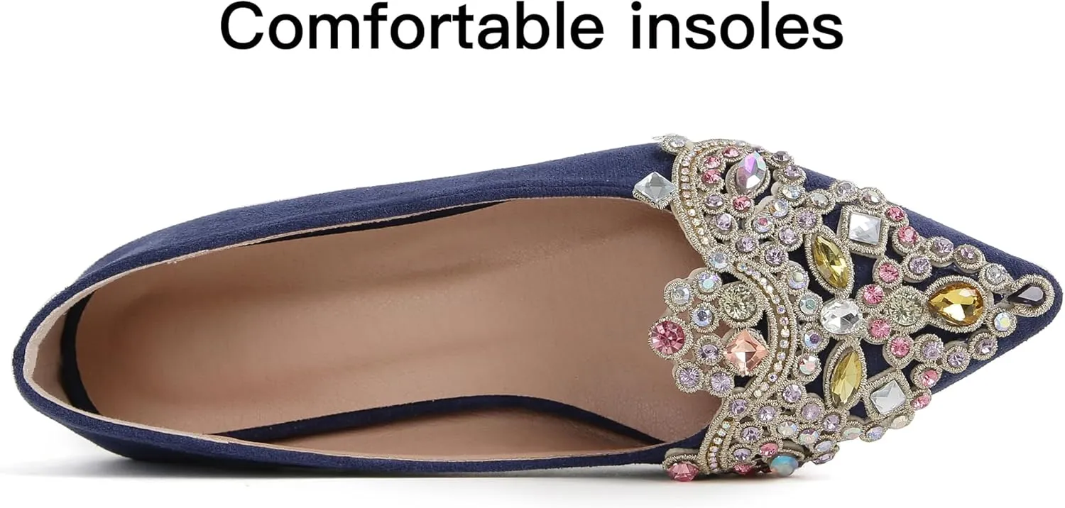 Flats for Women Bling Rhinestone Pointed Flat Shoes Comfort Slip on Low Heel Wedding Dress Shoes Ballet Flat Shoe