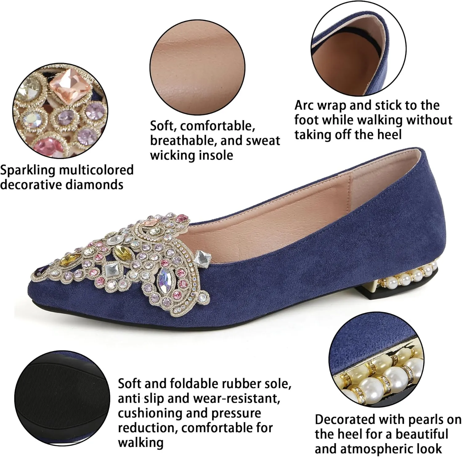 Flats for Women Bling Rhinestone Pointed Flat Shoes Comfort Slip on Low Heel Wedding Dress Shoes Ballet Flat Shoe