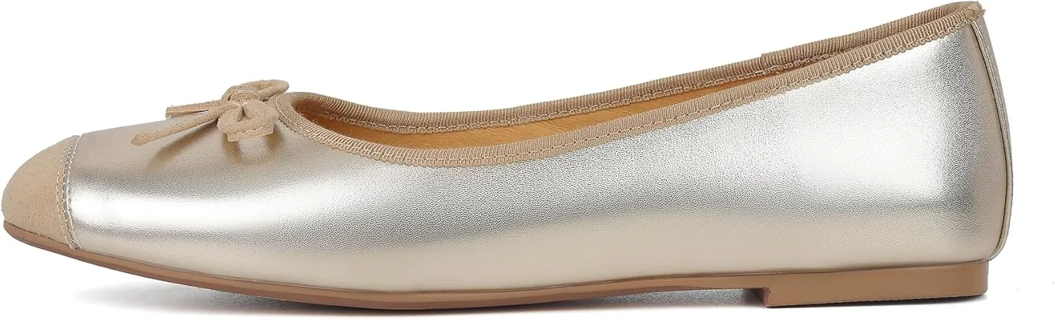 Flats for Women Lambskin Leather Ballet Flats Square Toe Two Tone Bowknot Flats Comfortable Work Dress Shoes