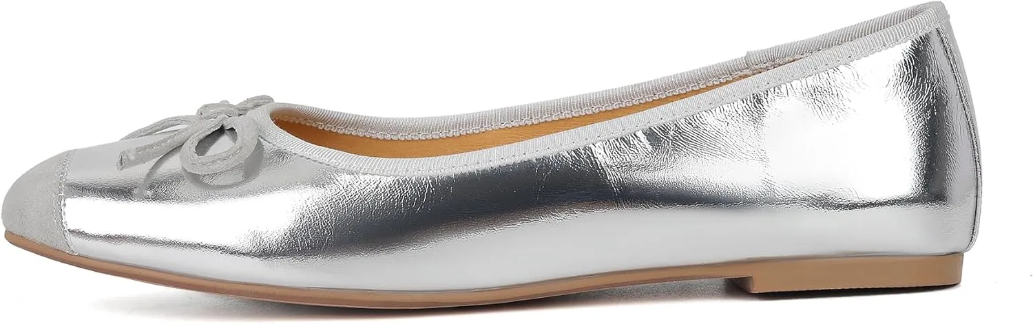 Flats for Women Lambskin Leather Ballet Flats Square Toe Two Tone Bowknot Flats Comfortable Work Dress Shoes