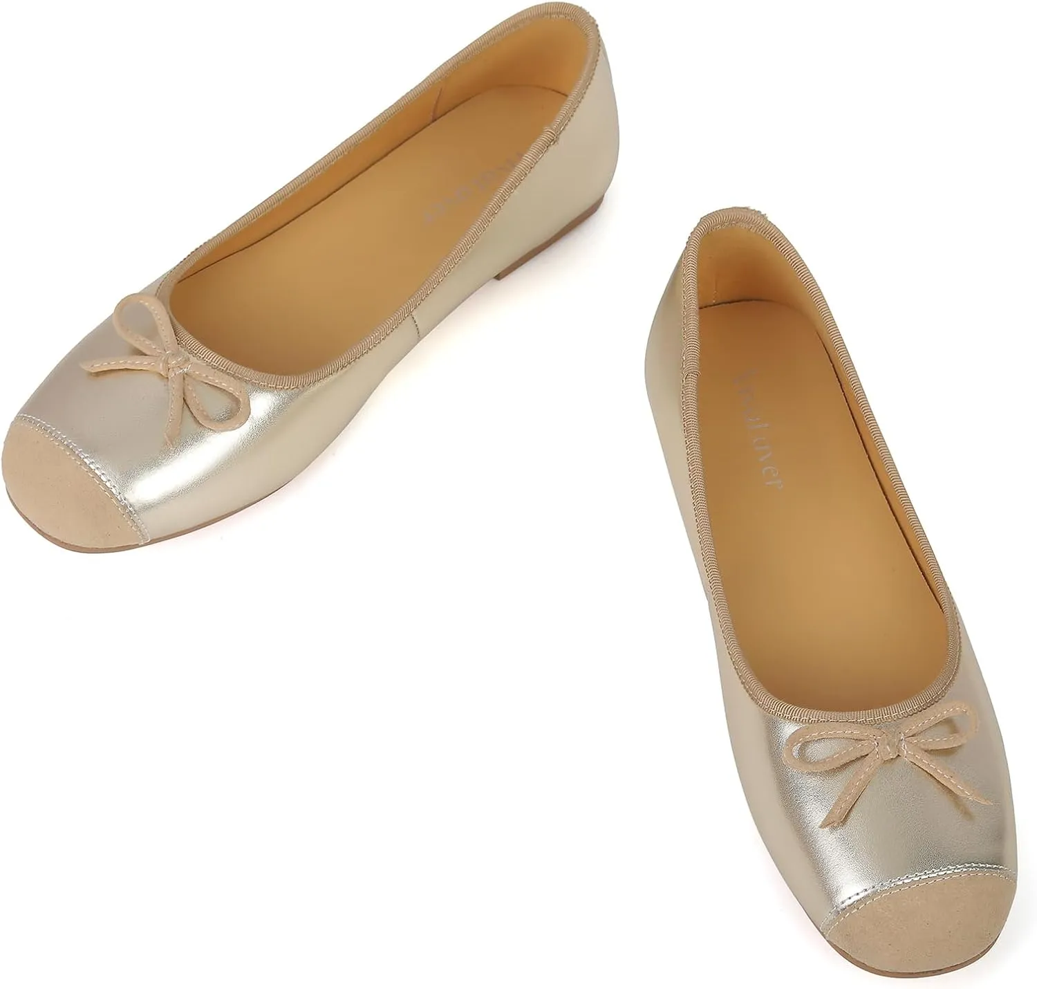 Flats for Women Lambskin Leather Ballet Flats Square Toe Two Tone Bowknot Flats Comfortable Work Dress Shoes