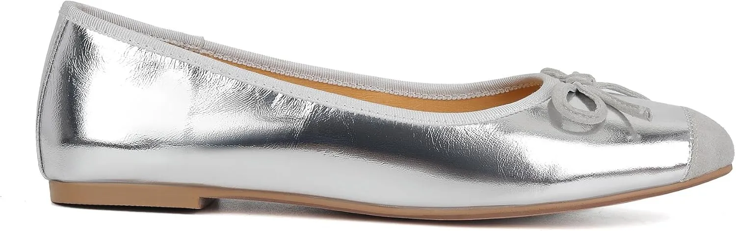 Flats for Women Lambskin Leather Ballet Flats Square Toe Two Tone Bowknot Flats Comfortable Work Dress Shoes