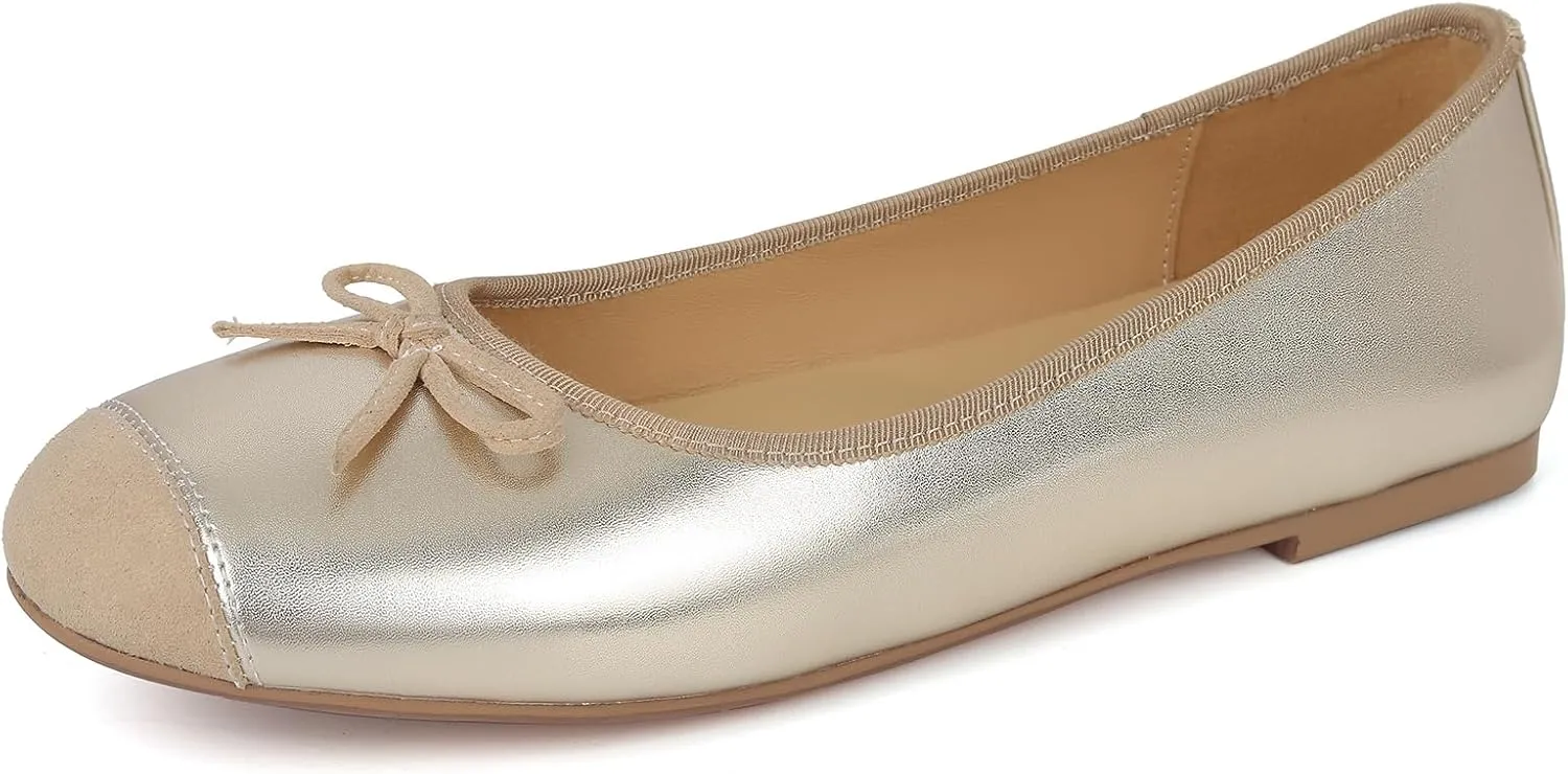Flats for Women Lambskin Leather Ballet Flats Square Toe Two Tone Bowknot Flats Comfortable Work Dress Shoes