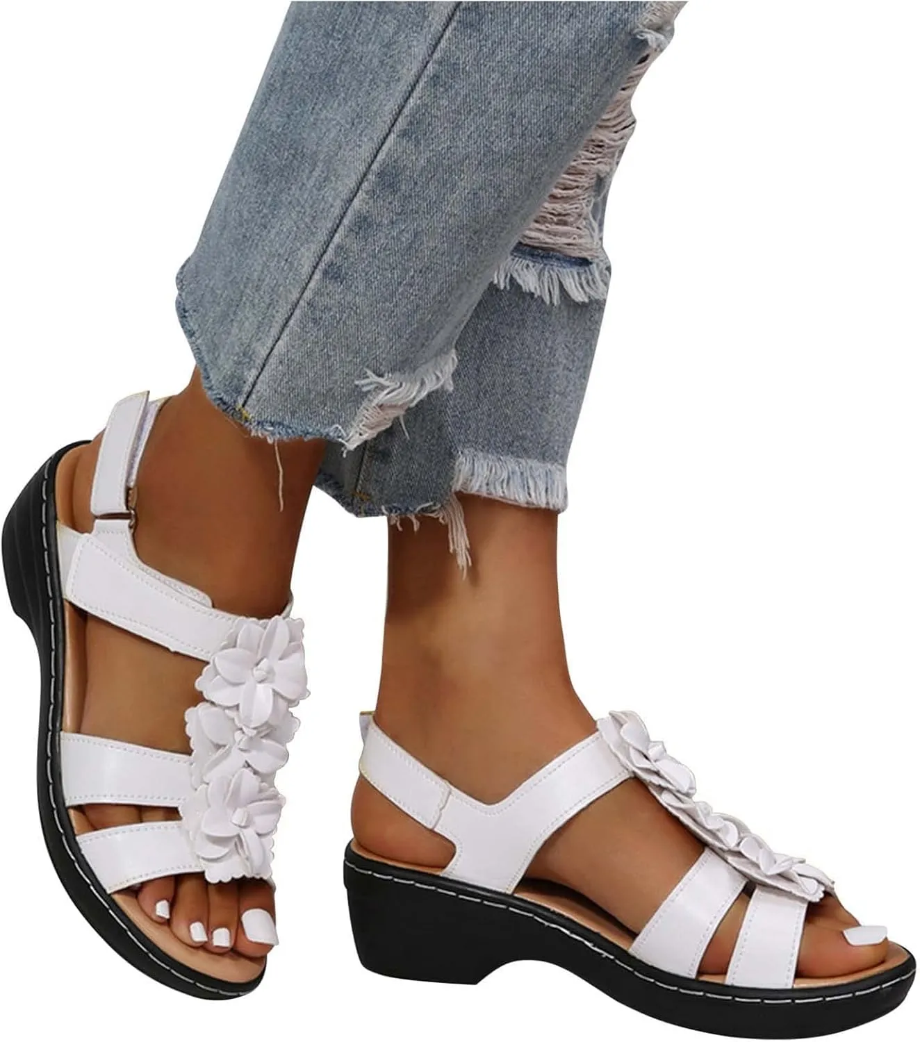 Flower Strap Sandals for Women Summer Solid Hollow Out Fish Mouth Wedge Sandals Bohemian Comfy Casual Platform Shoes