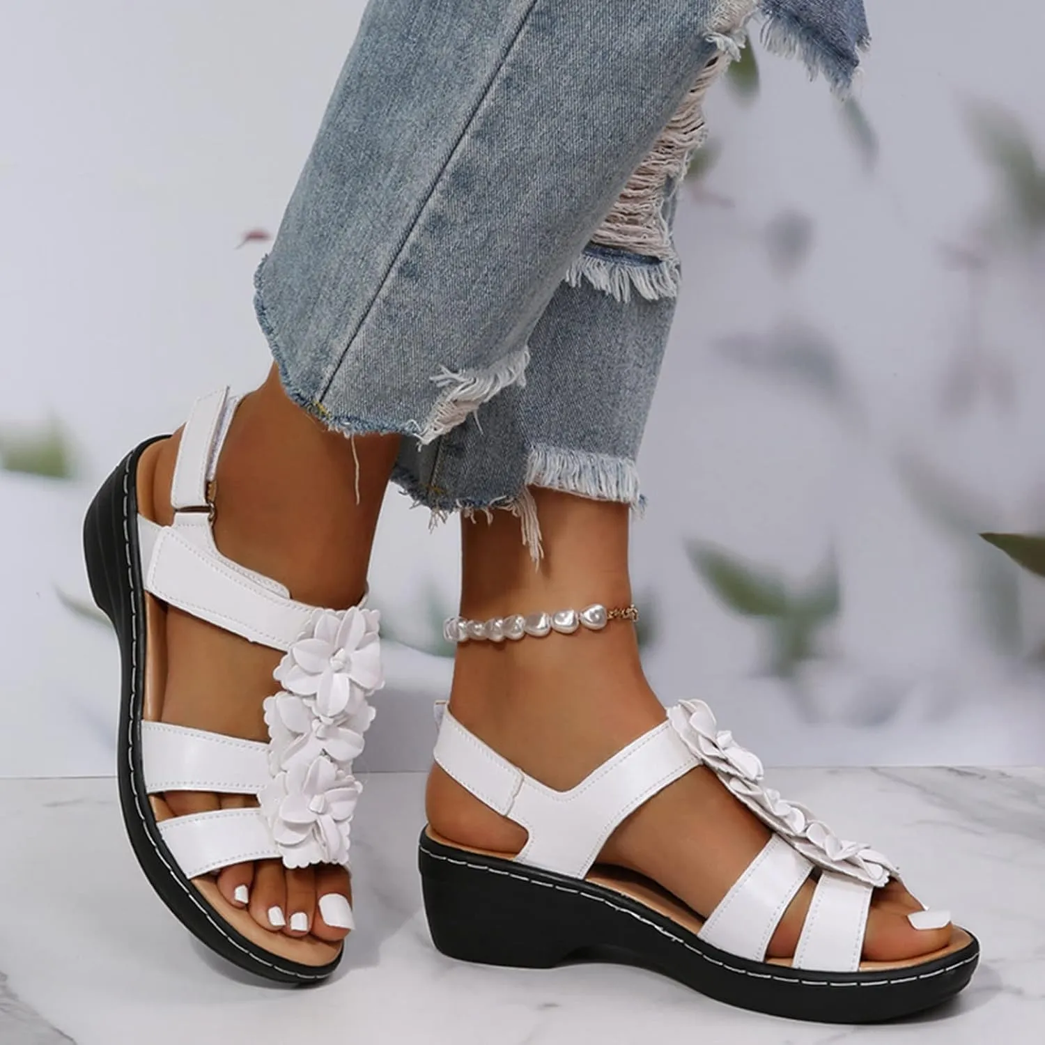 Flower Strap Sandals for Women Summer Solid Hollow Out Fish Mouth Wedge Sandals Bohemian Comfy Casual Platform Shoes