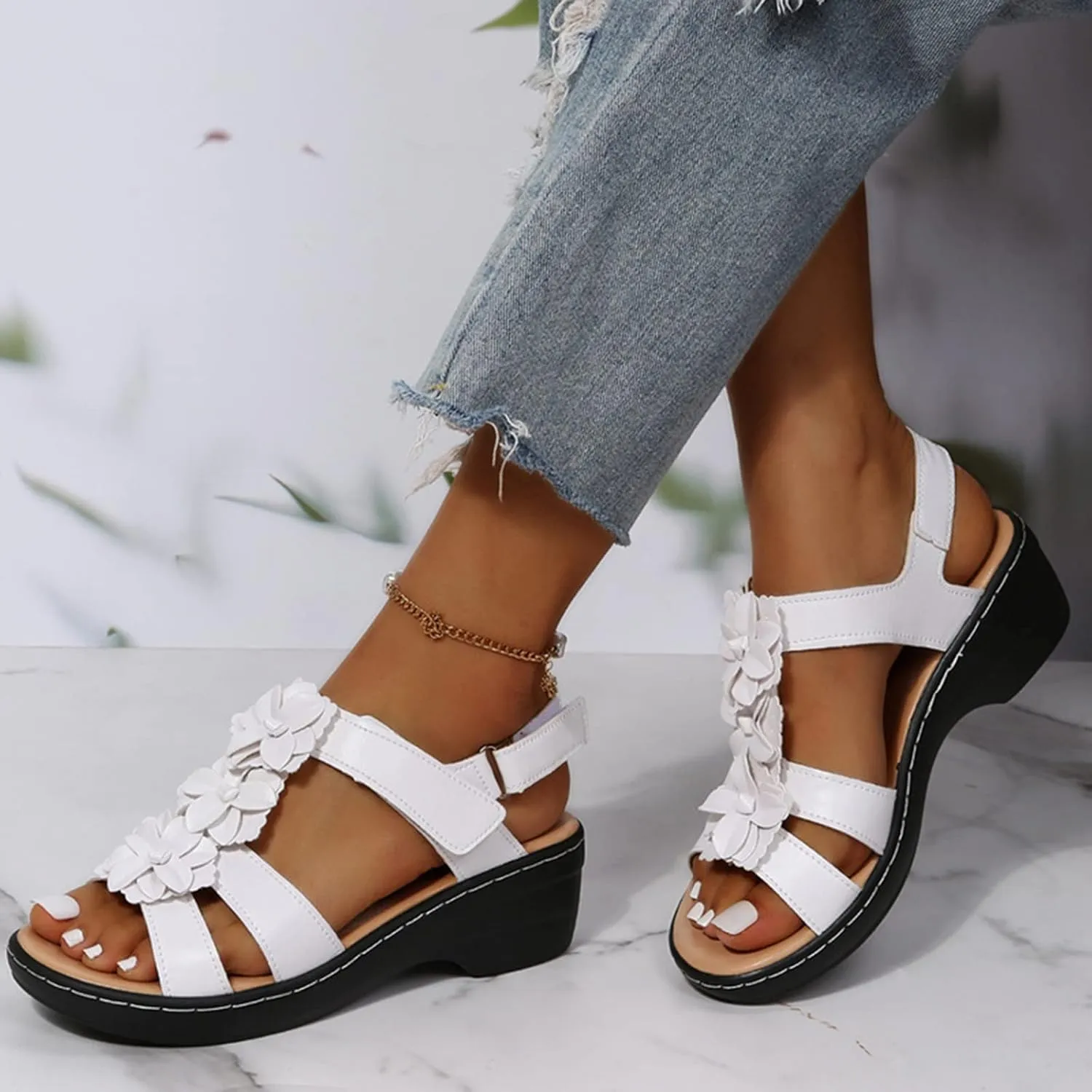 Flower Strap Sandals for Women Summer Solid Hollow Out Fish Mouth Wedge Sandals Bohemian Comfy Casual Platform Shoes