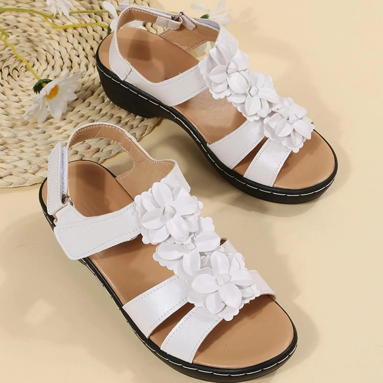 Flower Strap Sandals for Women Summer Solid Hollow Out Fish Mouth Wedge Sandals Bohemian Comfy Casual Platform Shoes