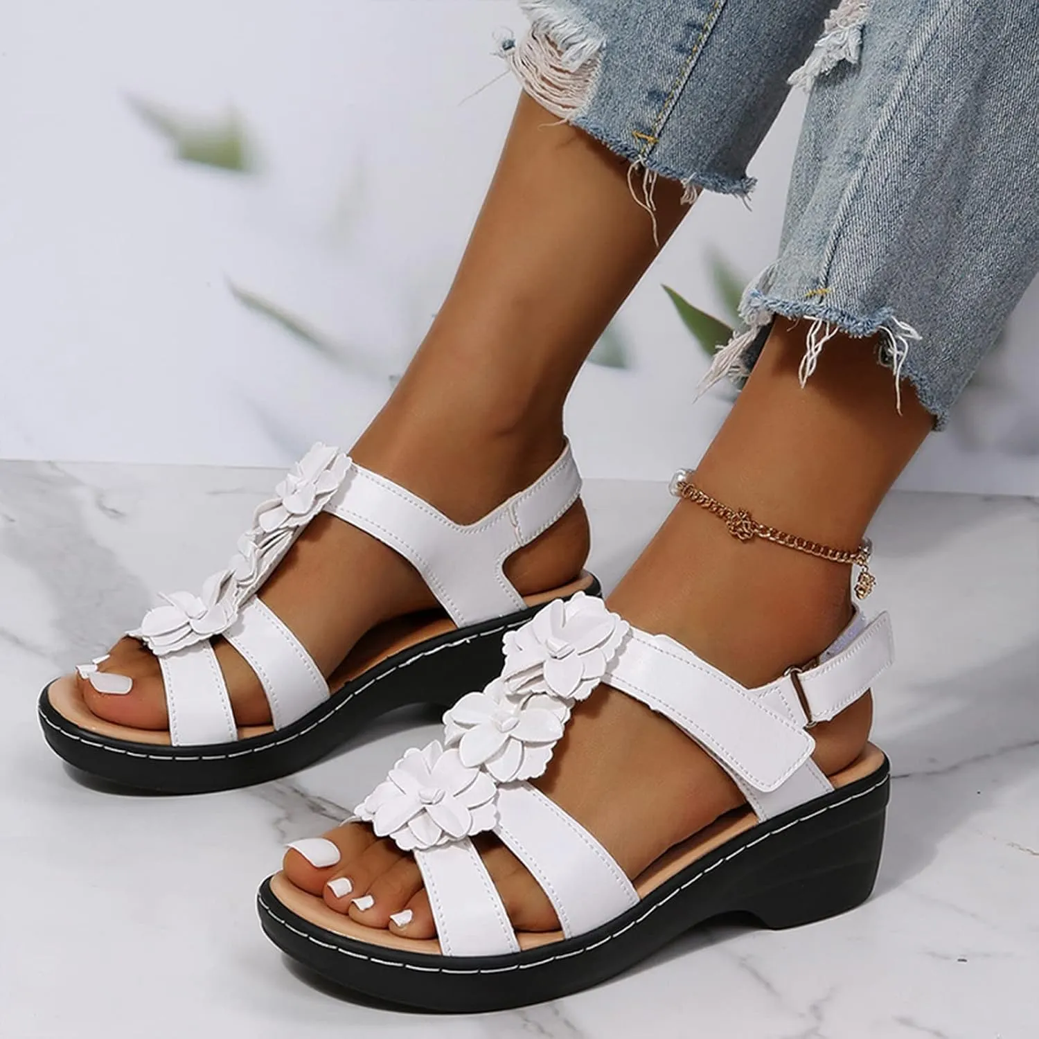 Flower Strap Sandals for Women Summer Solid Hollow Out Fish Mouth Wedge Sandals Bohemian Comfy Casual Platform Shoes