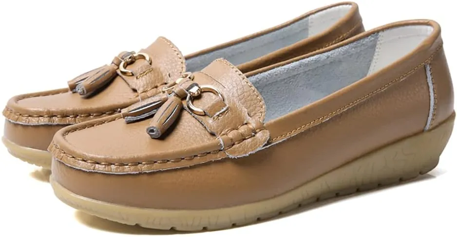 FolHaoth Women's Loafer Comfortable Casual Shoes Non Slip Leather Natural Driving Fashion Moccasin Flats Breathable Soft Nurse Walking Ladies Slip On Shoes