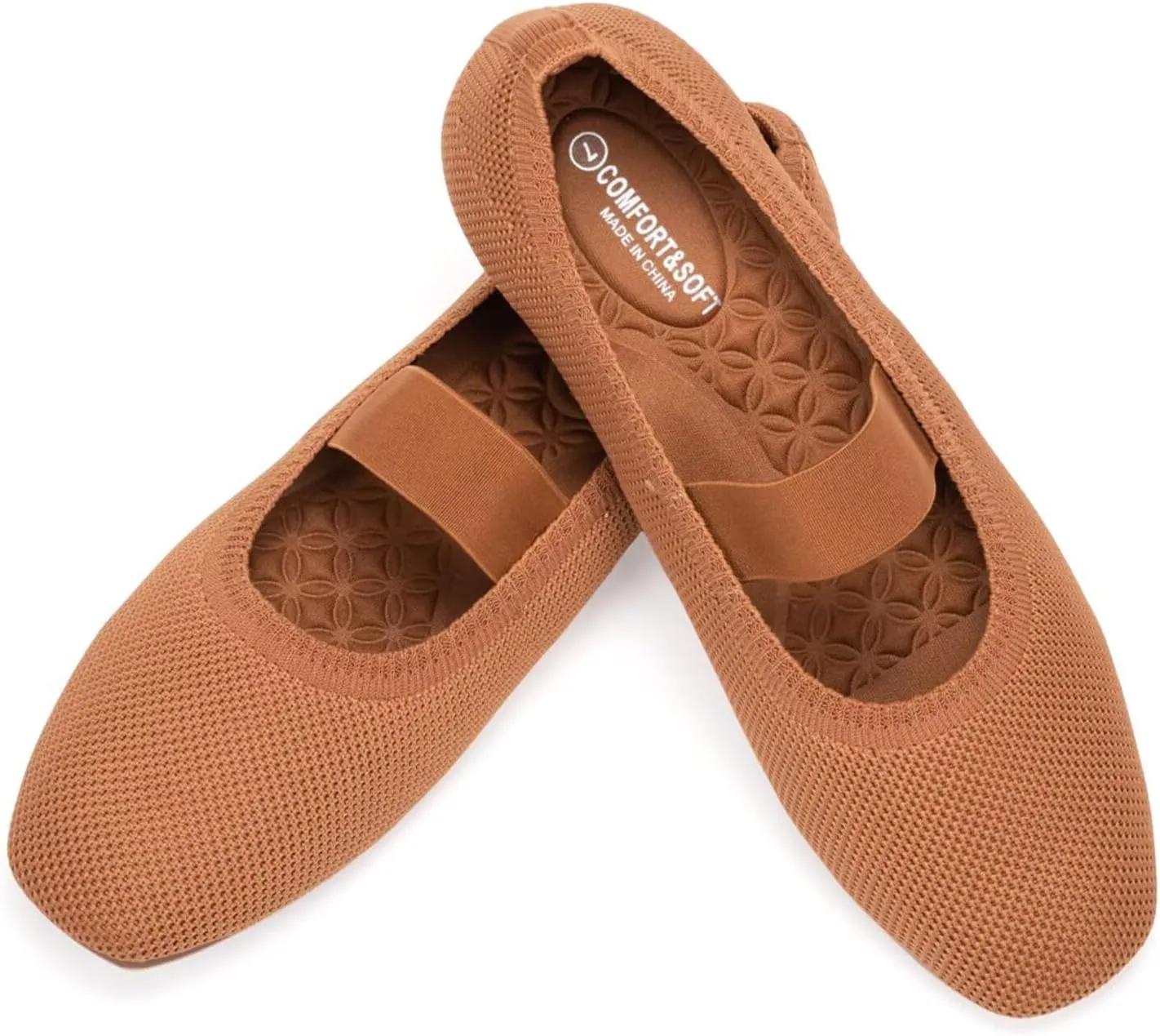 Frank Mully Women's Ballet Flats Slip on Casual Knitted Fabric Shoes Square-Toe Flats with Elastic Straps for Women