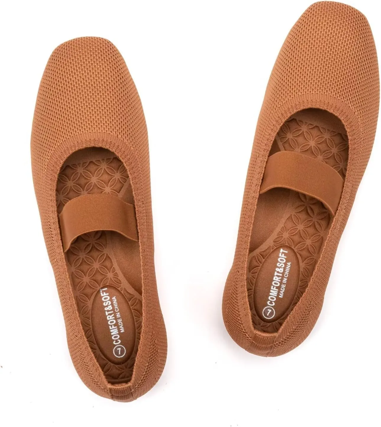 Frank Mully Women's Ballet Flats Slip on Casual Knitted Fabric Shoes Square-Toe Flats with Elastic Straps for Women
