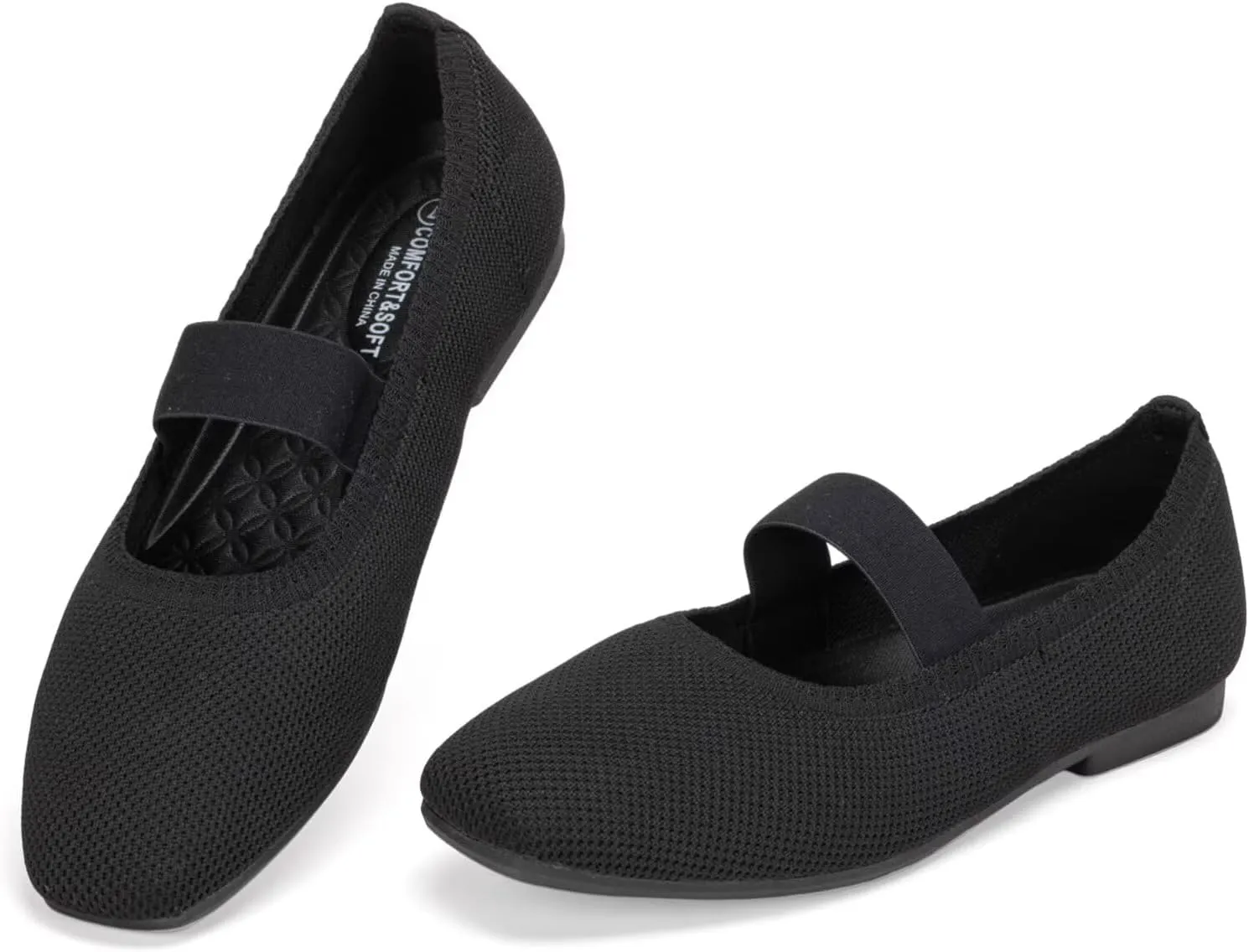 Frank Mully Women's Ballet Flats Slip on Casual Knitted Fabric Shoes Square-Toe Flats with Elastic Straps for Women