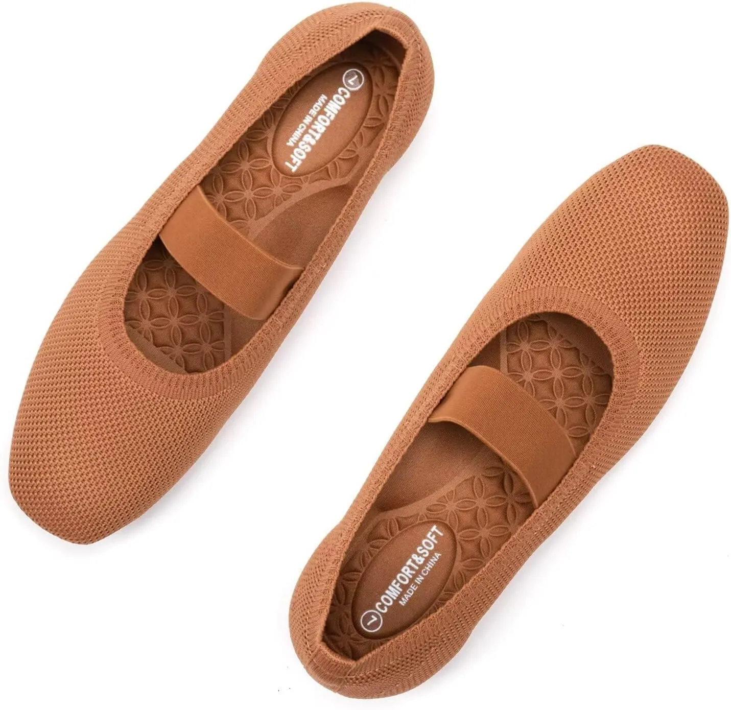 Frank Mully Women's Ballet Flats Slip on Casual Knitted Fabric Shoes Square-Toe Flats with Elastic Straps for Women