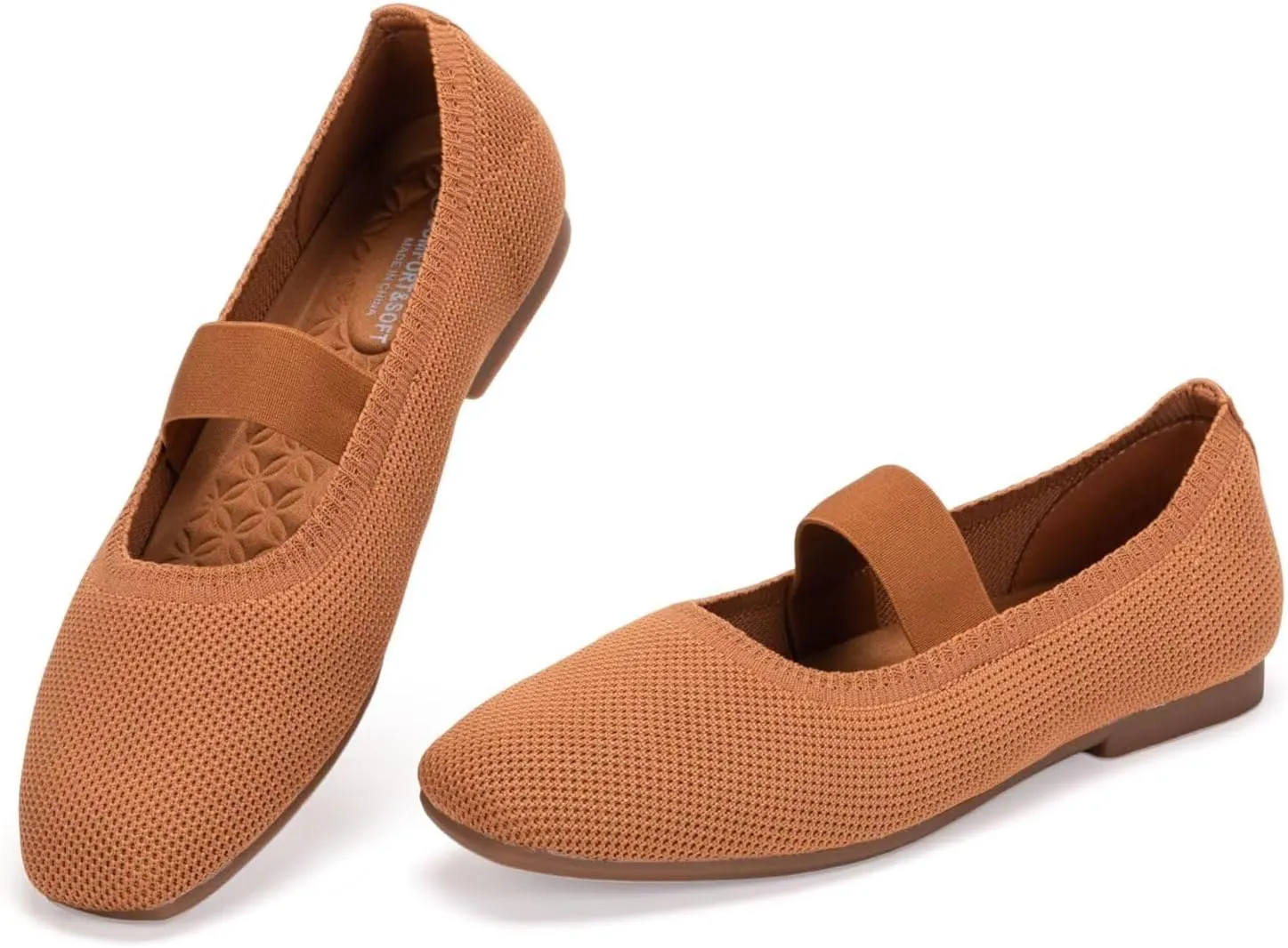 Frank Mully Women's Ballet Flats Slip on Casual Knitted Fabric Shoes Square-Toe Flats with Elastic Straps for Women