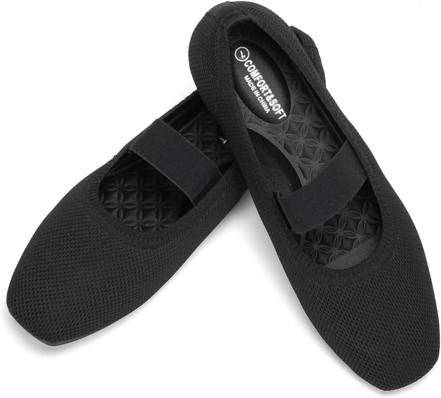 Frank Mully Women's Ballet Flats Slip on Casual Knitted Fabric Shoes Square-Toe Flats with Elastic Straps for Women