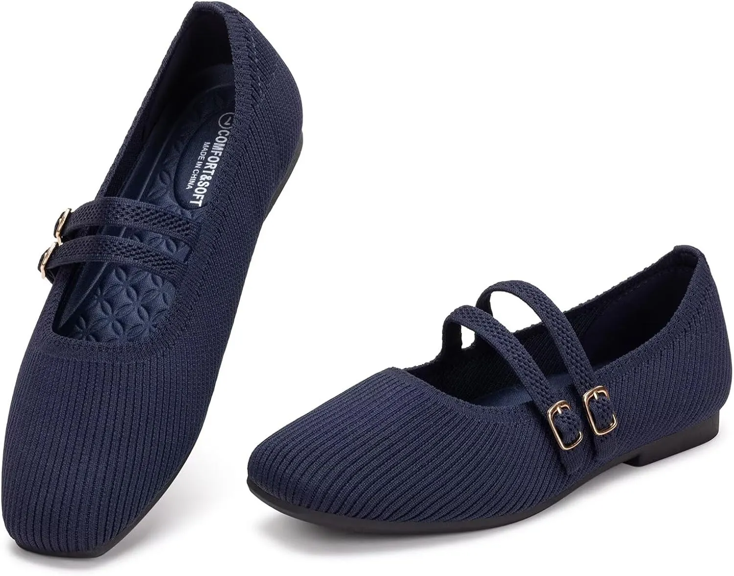 Frank Mully Women's Flats Square Toe Mary Jane Shoes Ballet Flats with Strap Comfortable Slip On Knit Shoes Dressy Casual