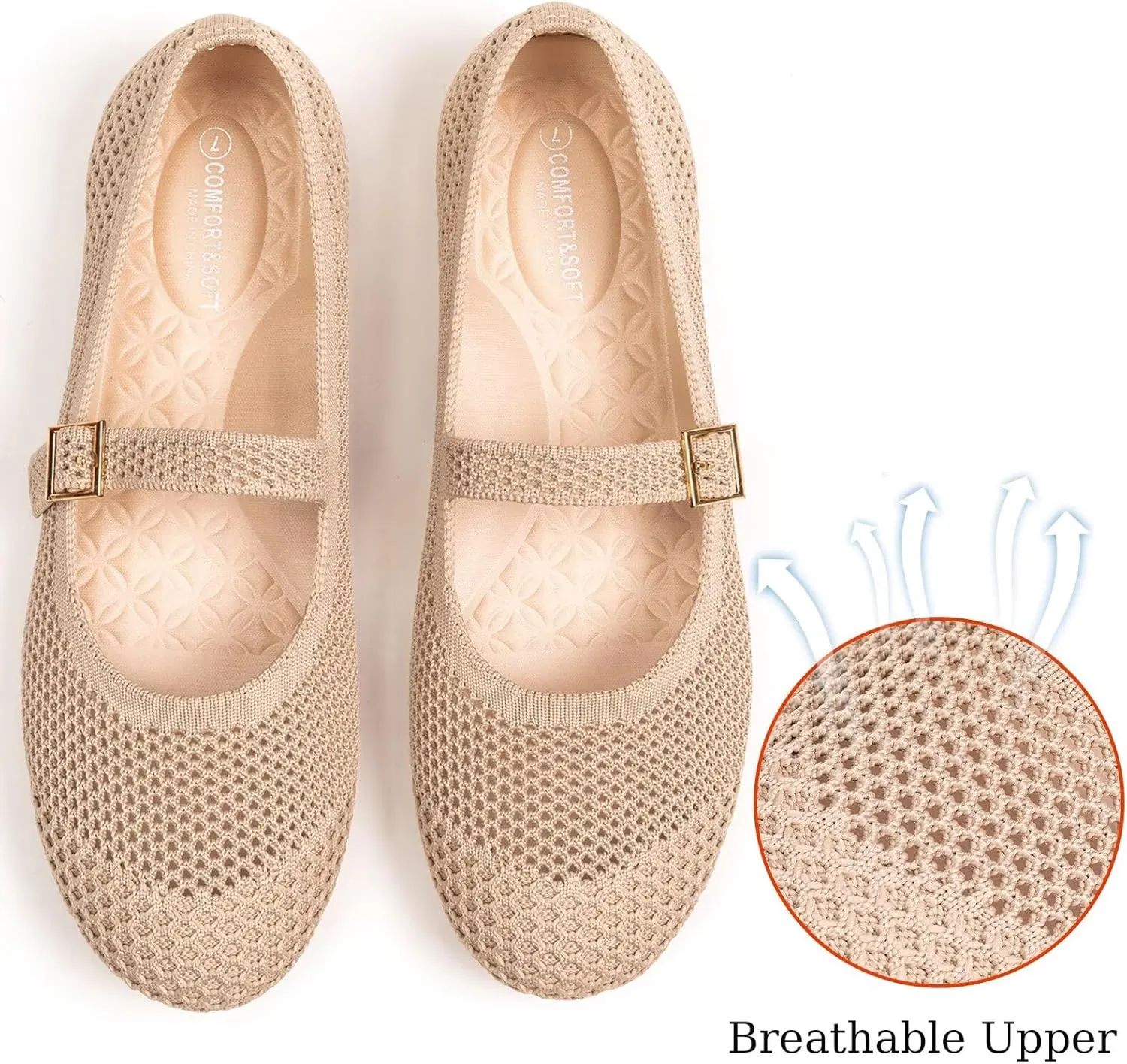 Frank Mully Women's Mary Jane Flats Comfortable Dressy Ballet Flats Casual Round Toe Slip On Washable Knitted Fabric Office Work Woman Shoes