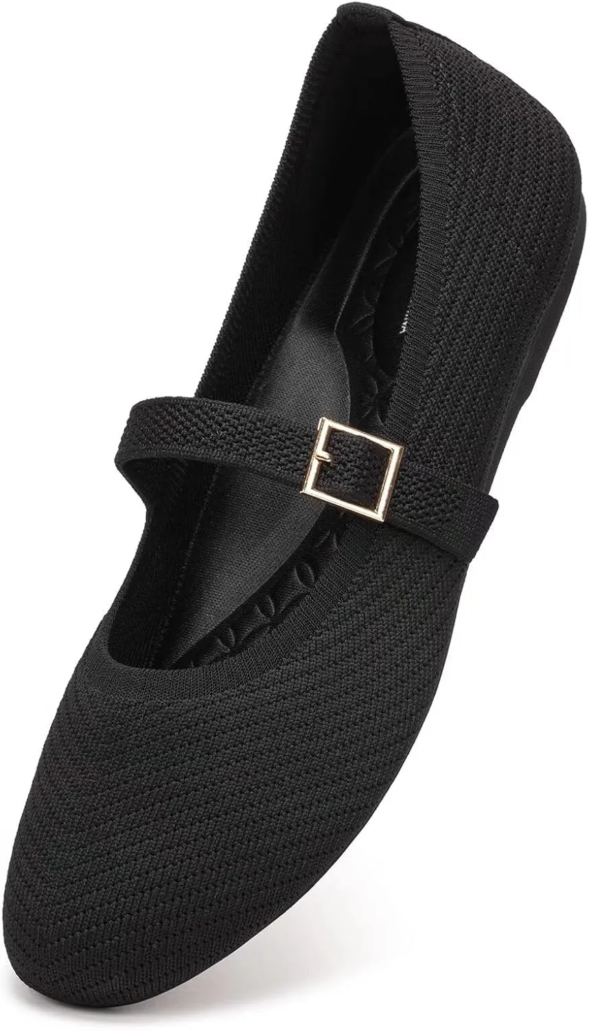 Frank Mully Women's Mary Jane Flats Comfortable Dressy Ballet Flats Casual Round Toe Slip On Washable Knitted Fabric Office Work Woman Shoes
