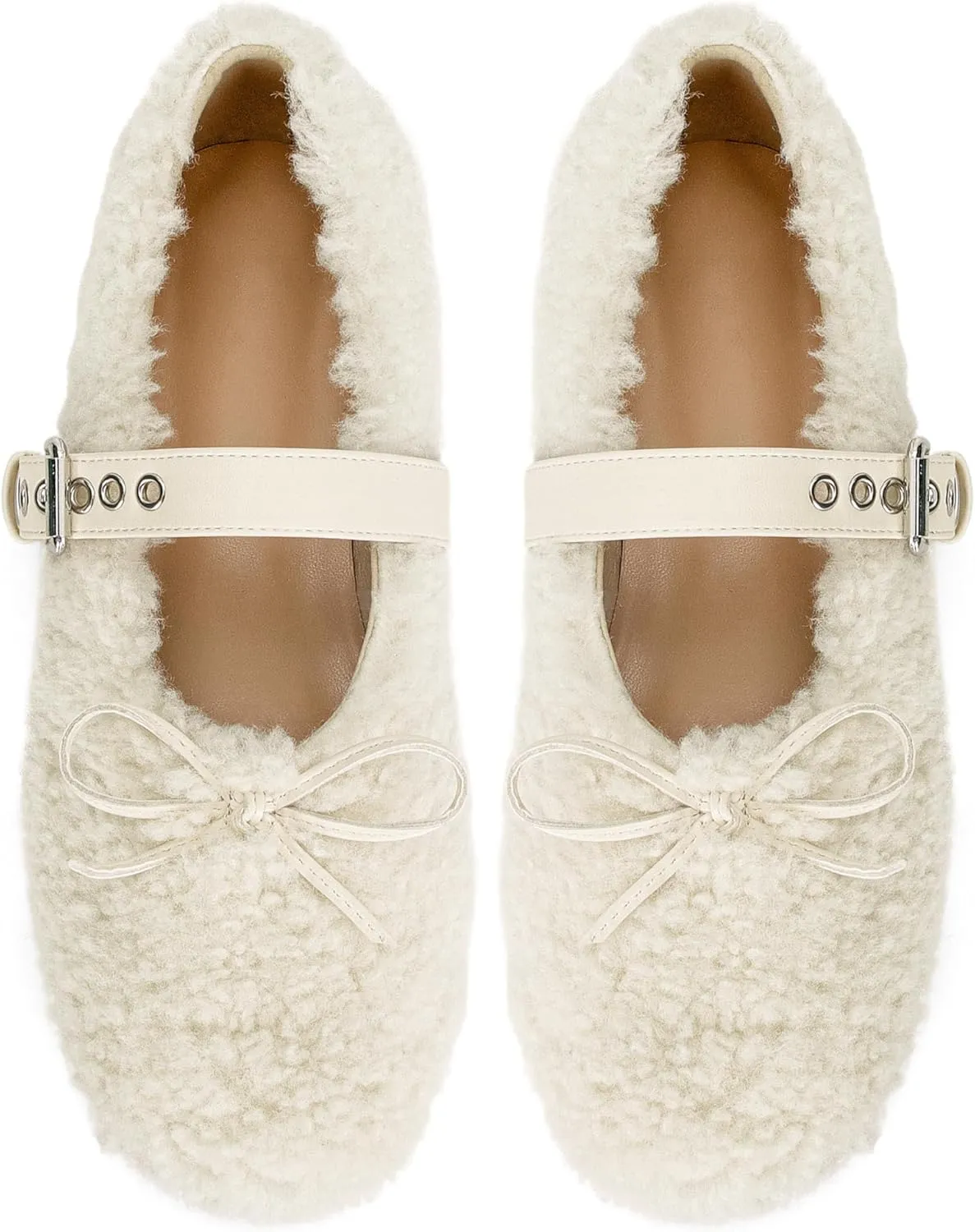 Fur Ballet Flats with Buckle for Women Comfy Faux Shearling Mary Jane Flats Adjustable Strap Ballerina Flat Shoes Causal Daily Dress Shoes
