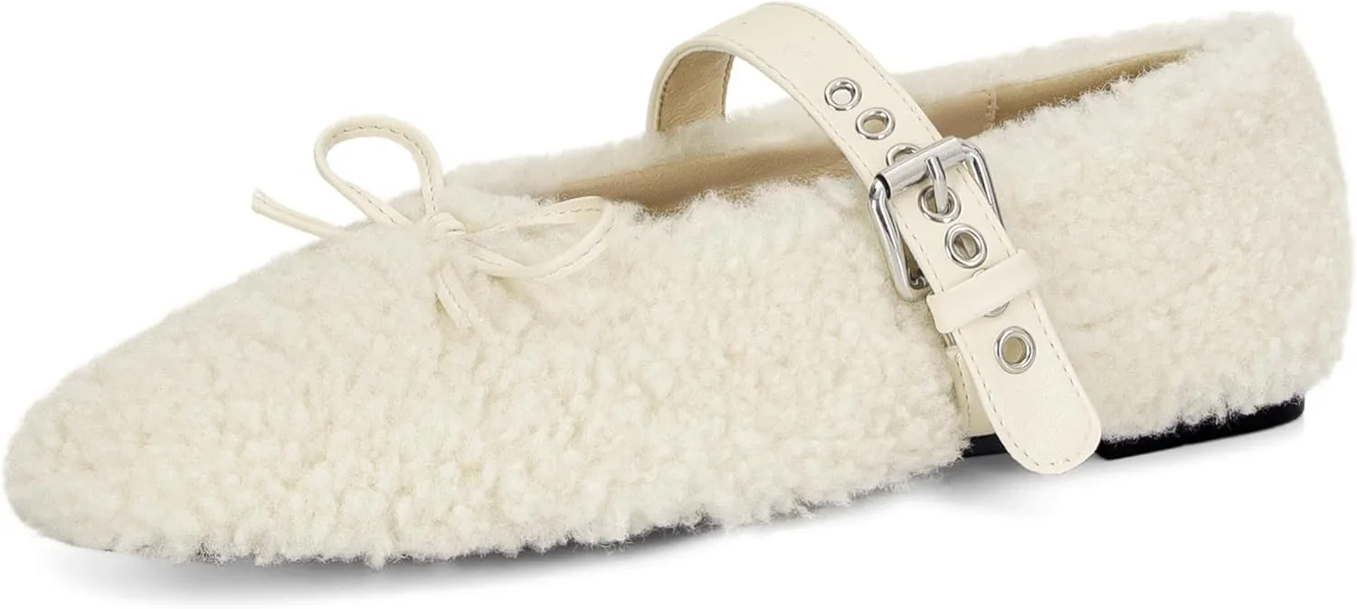 Fur Ballet Flats with Buckle for Women Comfy Faux Shearling Mary Jane Flats Adjustable Strap Ballerina Flat Shoes Causal Daily Dress Shoes