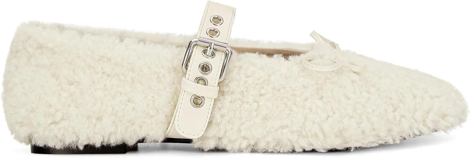 Fur Ballet Flats with Buckle for Women Comfy Faux Shearling Mary Jane Flats Adjustable Strap Ballerina Flat Shoes Causal Daily Dress Shoes