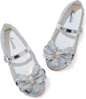 Furdeour Girls Dress Shoes Mary Jane Flower Wedding Party Bridesmaids Shoes Glitter Princess Ballet Flats for Kid Toddler