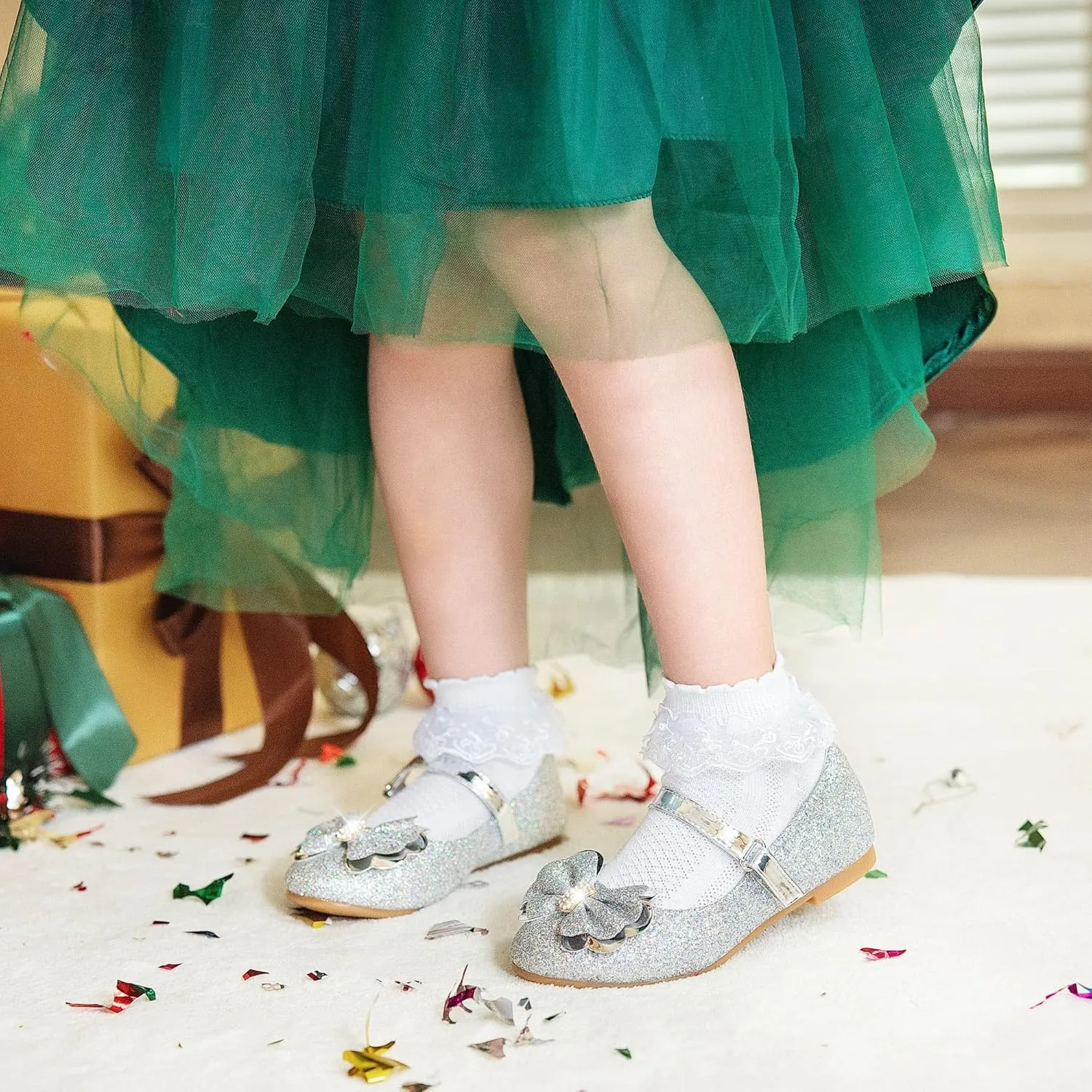 Furdeour Girls Dress Shoes Mary Jane Flower Wedding Party Bridesmaids Shoes Glitter Princess Ballet Flats for Kid Toddler