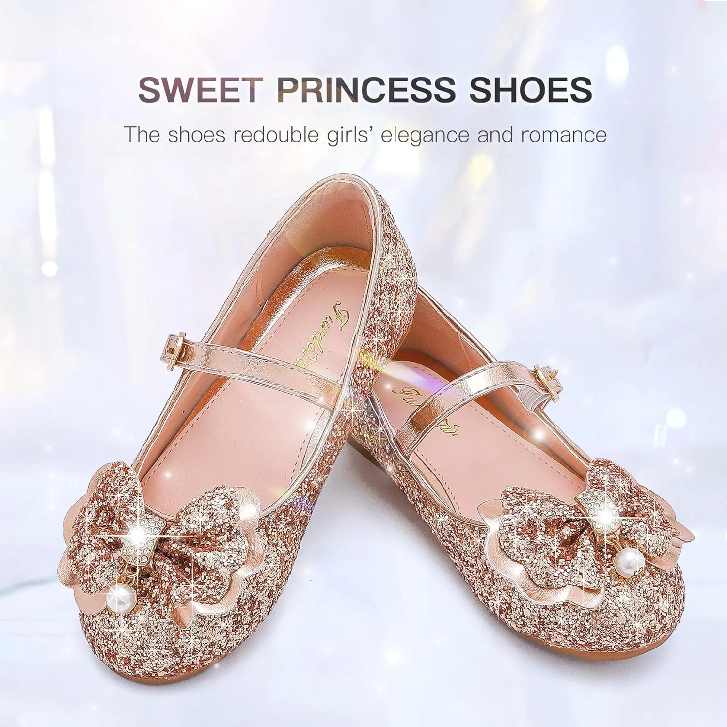 Furdeour Girls Dress Shoes Mary Jane Flower Wedding Party Bridesmaids Shoes Glitter Princess Ballet Flats for Kid Toddler