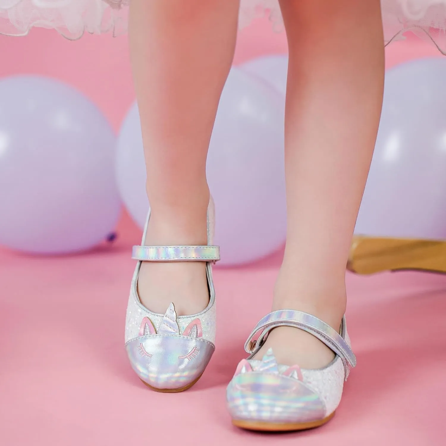 Furdeour Girls Dress Shoes Mary Jane Flower Wedding Party Bridesmaids Shoes Glitter Princess Ballet Flats for Kid Toddler