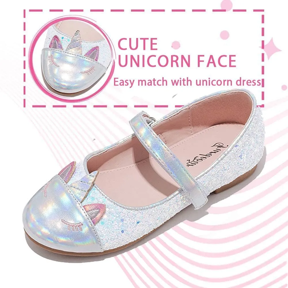Furdeour Girls Dress Shoes Mary Jane Flower Wedding Party Bridesmaids Shoes Glitter Princess Ballet Flats for Kid Toddler