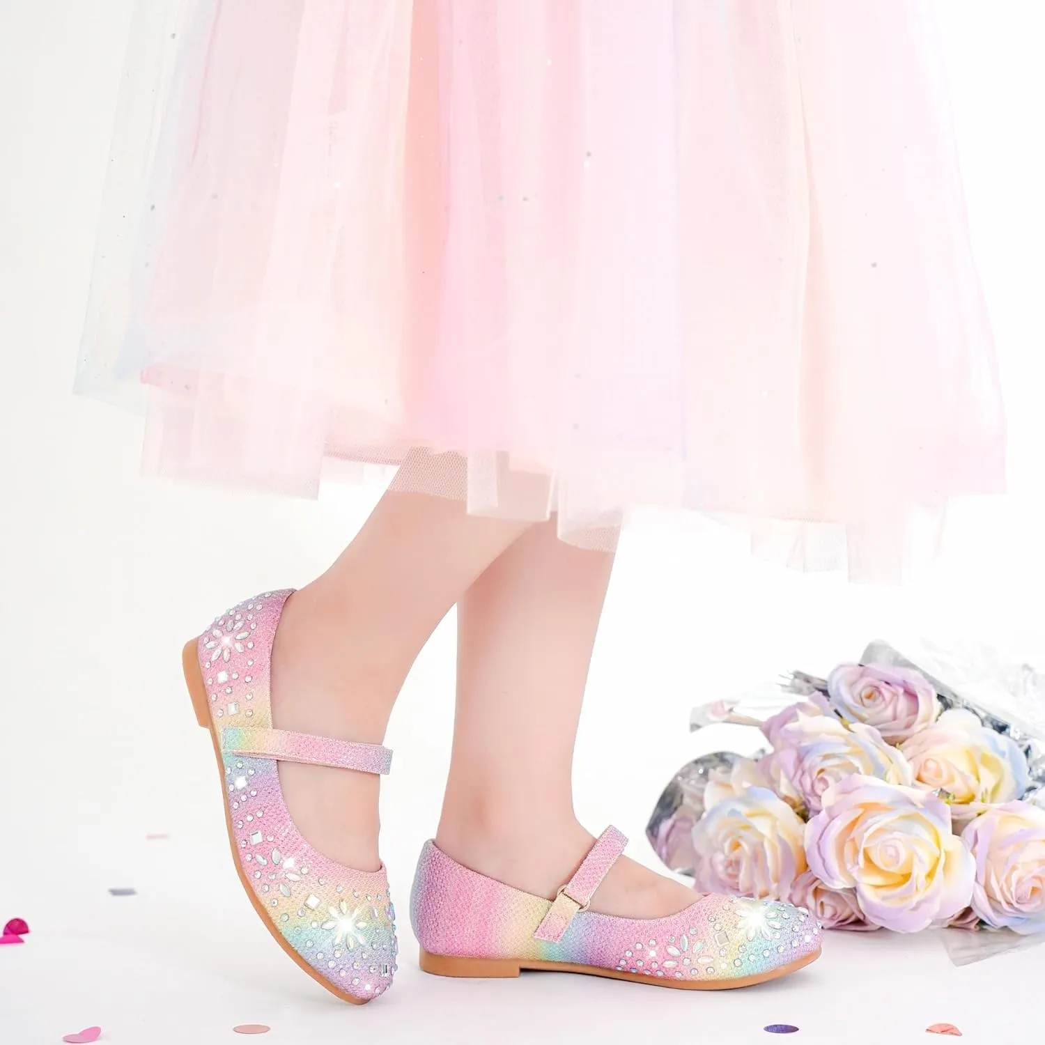 Furdeour Girls Dress Shoes Mary Jane Flower Wedding Party Bridesmaids Shoes Glitter Princess Ballet Flats for Kid Toddler